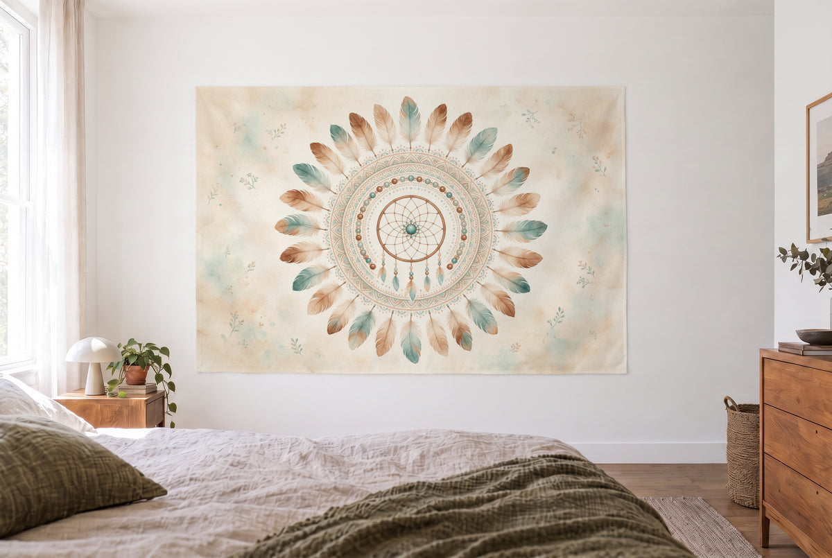 Tenture mandala de plumes aux tons terre dans une chambre claire face au lit, une commode en bois à droite – beige
