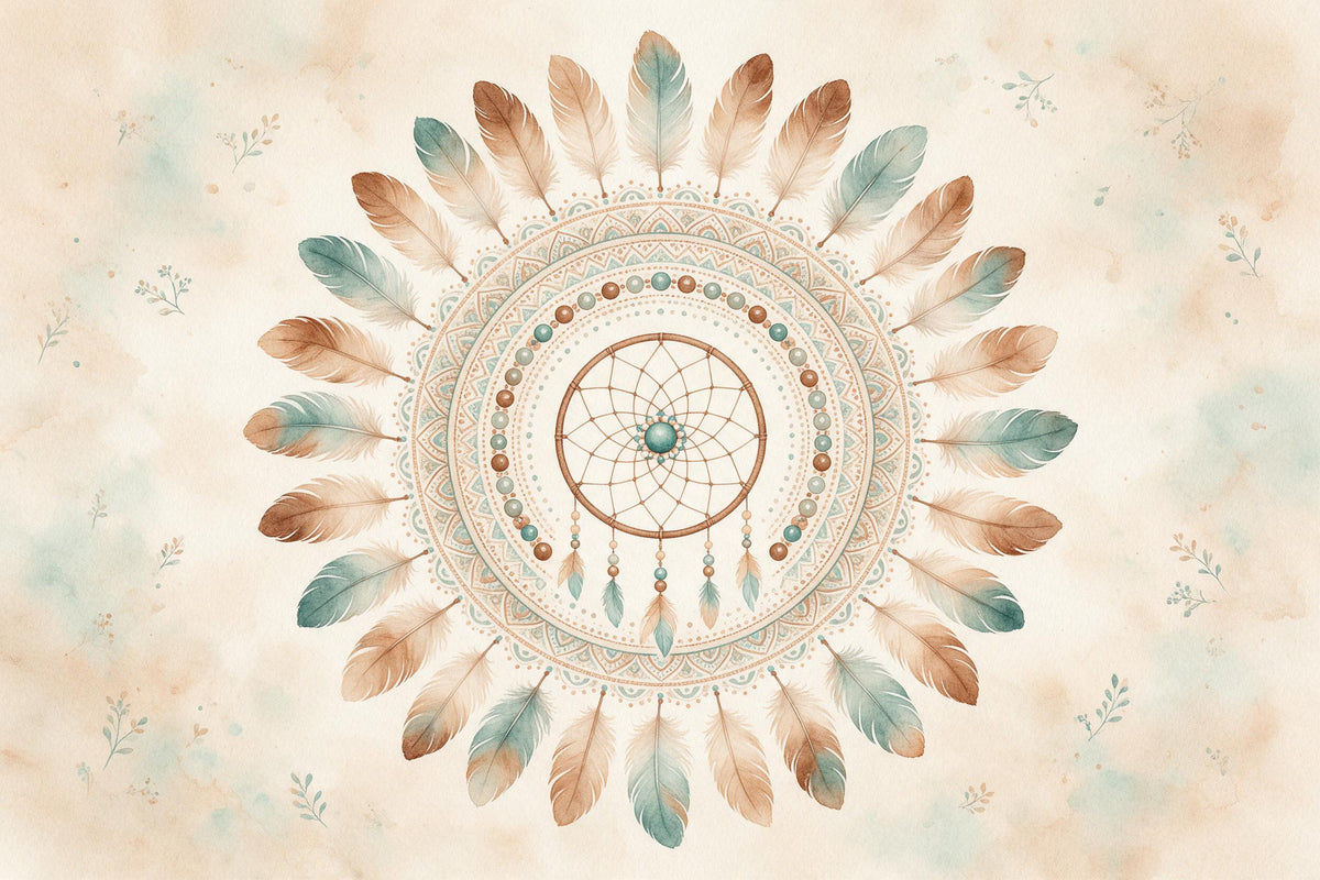Mandala de plumes avec attrape-rêves et perles au centre sur beige, tenture murale imprimée sur tissu – marron et pétrole