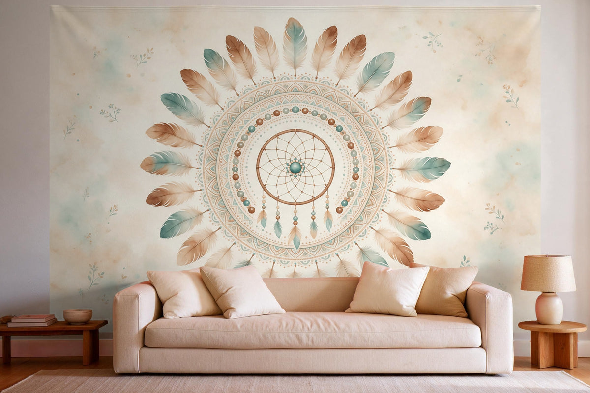 Déco murale dans un salon lumineux au-dessus du canapé : tenture murale Mandala de plumes aux tons terre, imprimée sur tissu