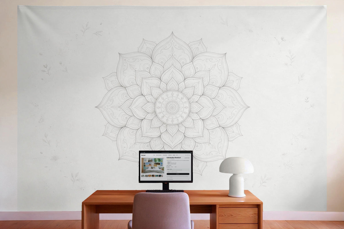 Déco murale dans le bureau derrière la table de travail : tenture murale Mandala gris et blanc, imprimée sur tissu