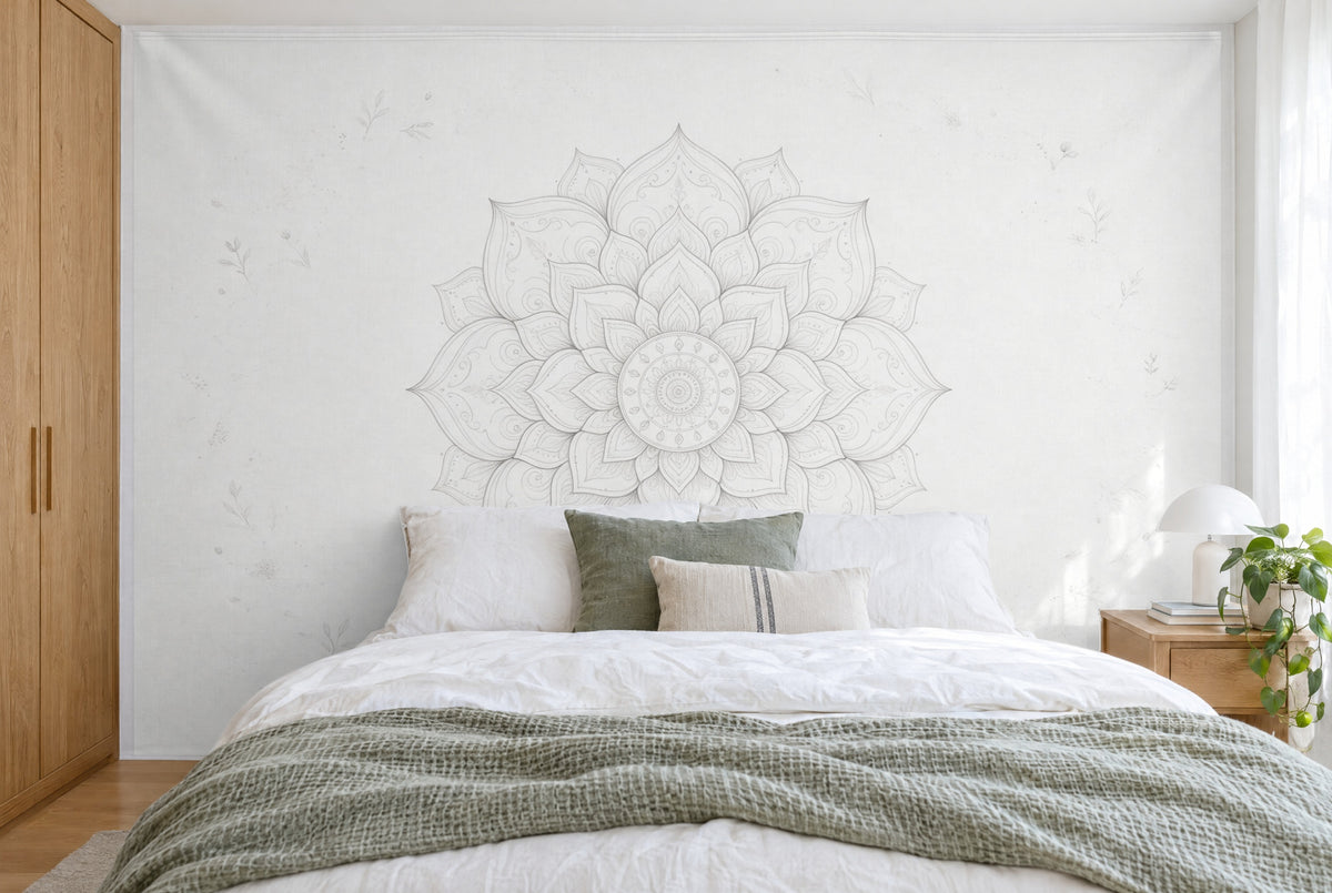 Grande tenture murale Mandala gris et blanc dans la chambre, sur tout le mur derrière le lit – tapisserie en tissu