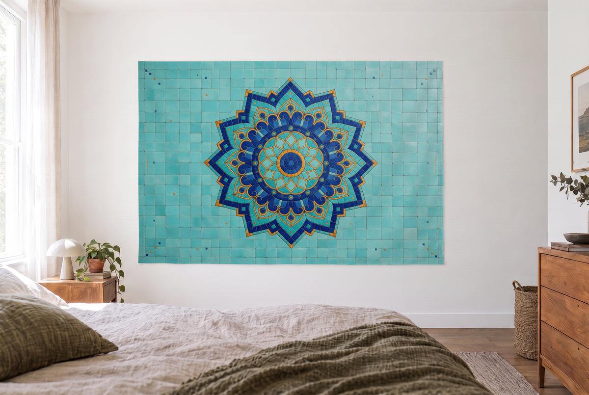 Mosaic mandala tapestry in a bright bedroom opposite the bed, wooden dresser on the right – turquoise and blue