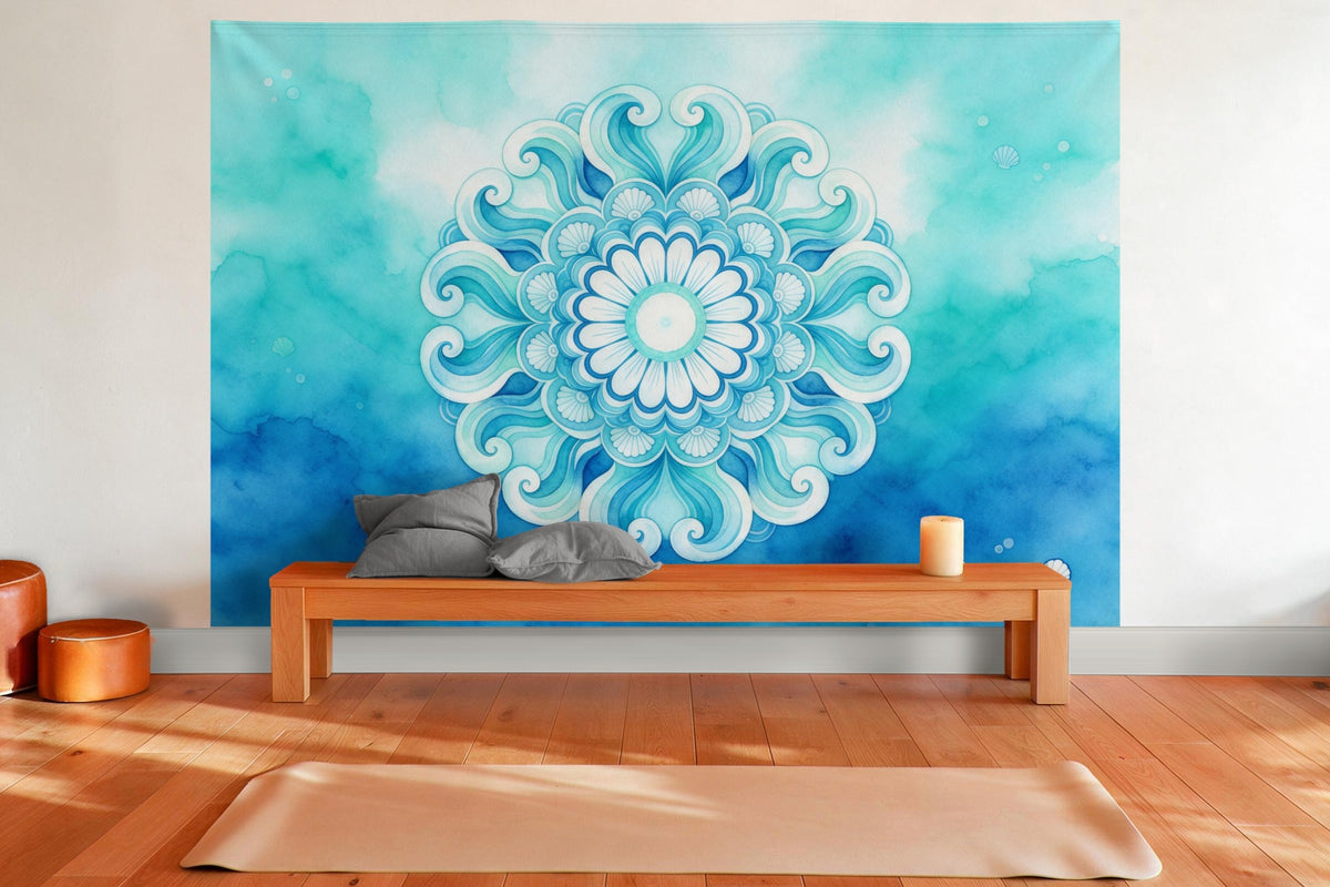 Wandtuch XXL Mandala in Ozeanblau und Türkis als Wanddeko im Yogaraum
