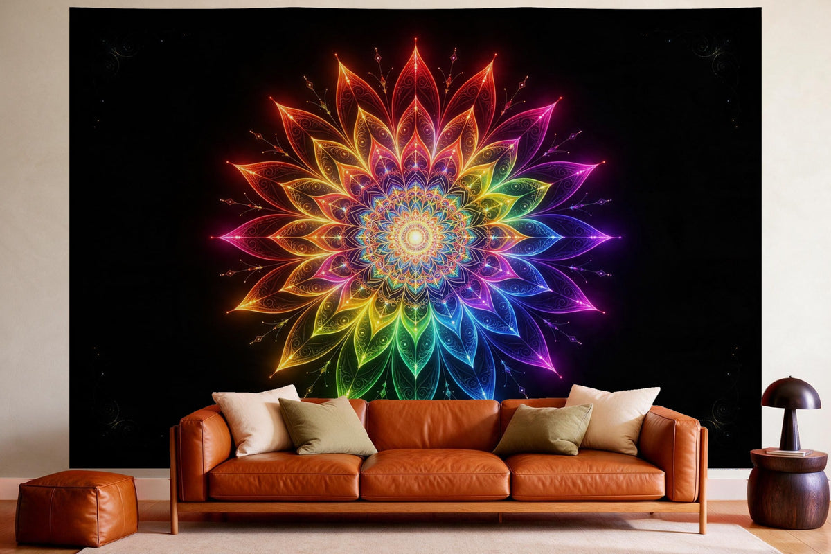 Wall decor in a cosy living room above the leather sofa: printed fabric tapestry Mandala in Rainbow on Black
