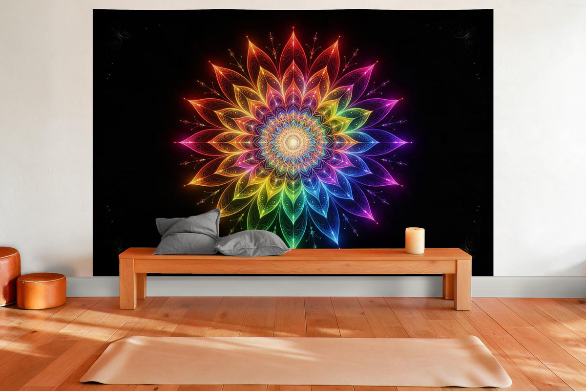 XXL wall tapestry Mandala in Rainbow on Black as wall decor in a yoga room