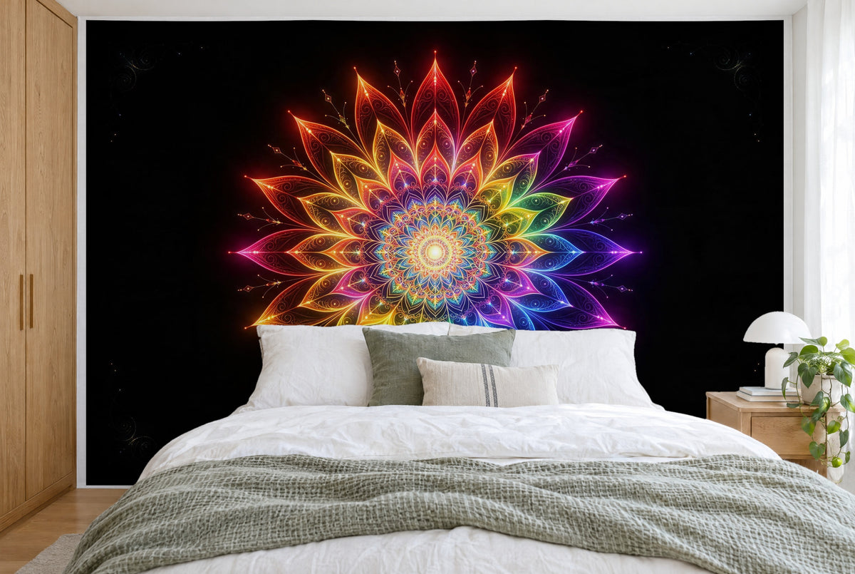 Large wall hanging Mandala in Rainbow on Black in the bedroom, wall-filling behind the bed – printed tapestry