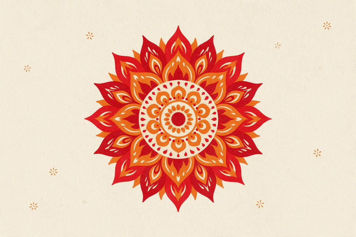 Mandala aux pétales rouges et orange en forme de flammes sur crème, tenture murale imprimée sur tissu – rouge et orange