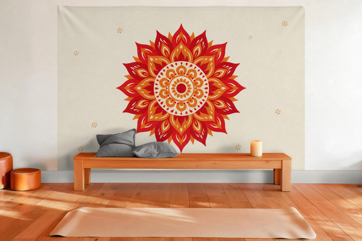 Tenture murale XXL Mandala rouge et orange en déco murale dans une salle de yoga