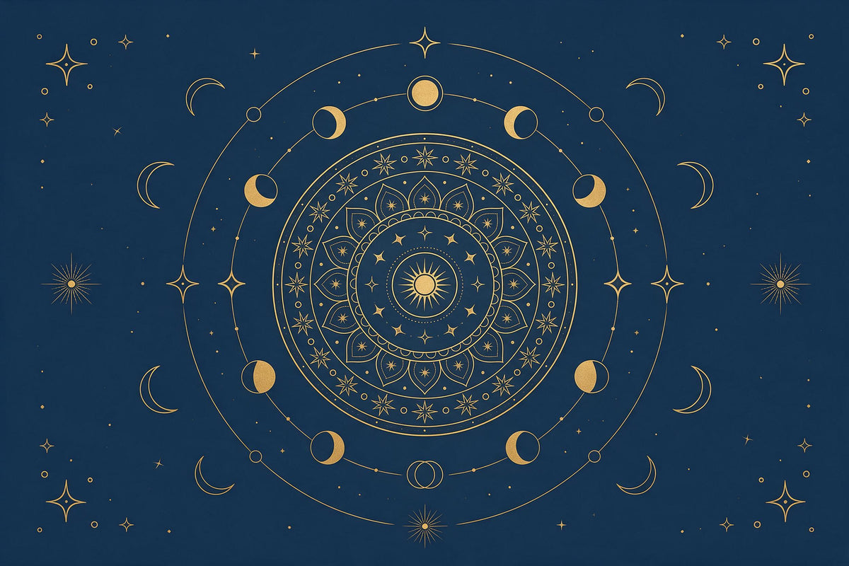 Golden mandala with a sun at the centre, orbit of moon phases and stars, tapestry printed on fabric – night blue