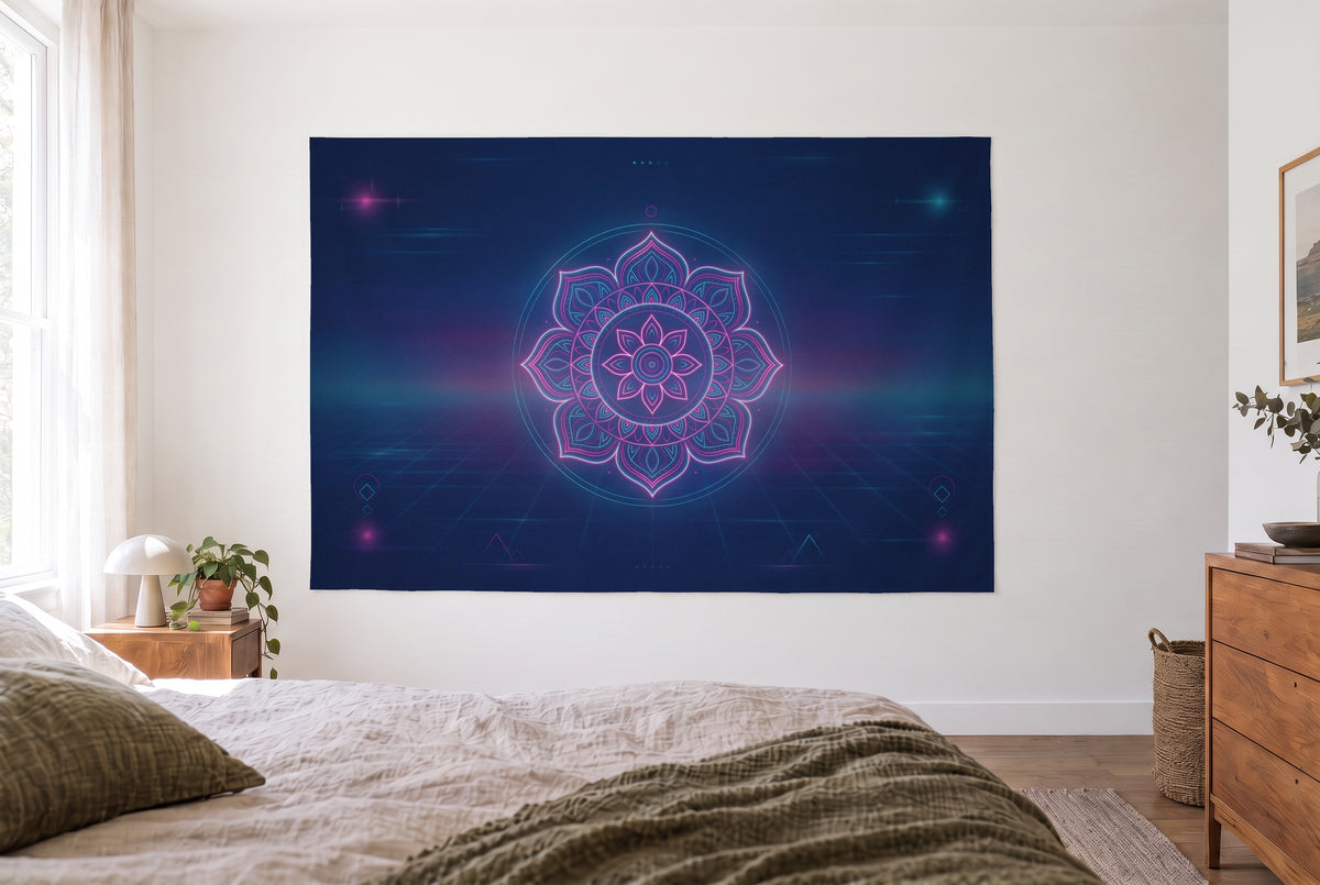 Tenture mandala néon synthwave dans une chambre claire face au lit, une commode en bois à droite – bleu nuit