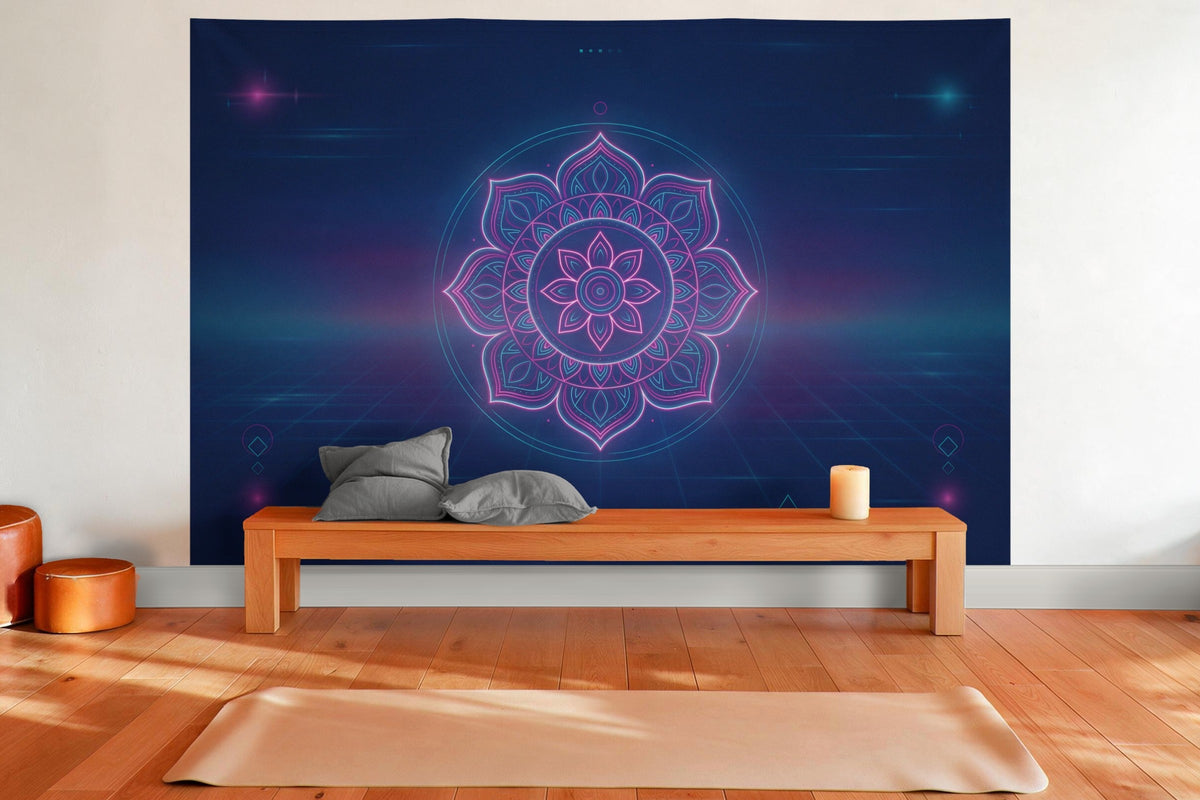Tenture murale XXL Mandala néon synthwave en déco murale dans une salle de yoga