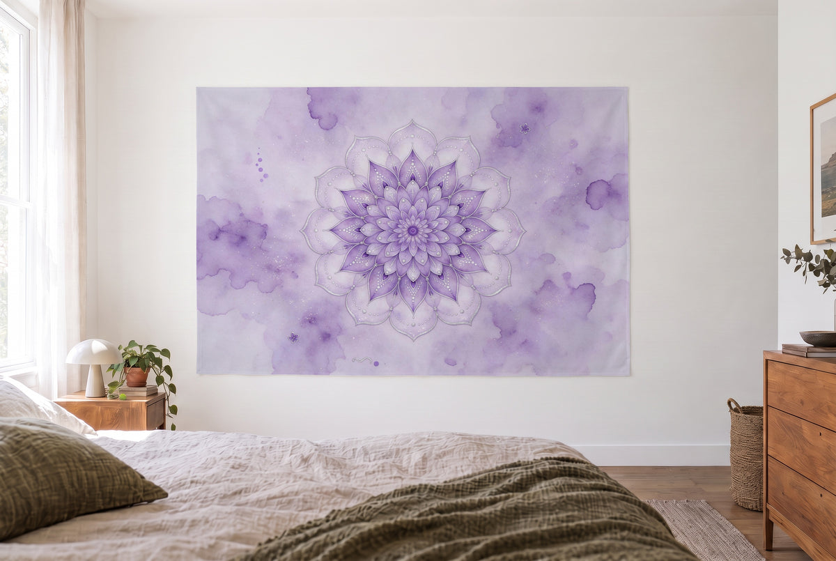Violet and silver mandala tapestry in a bright bedroom opposite the bed, wooden dresser on the right – lilac