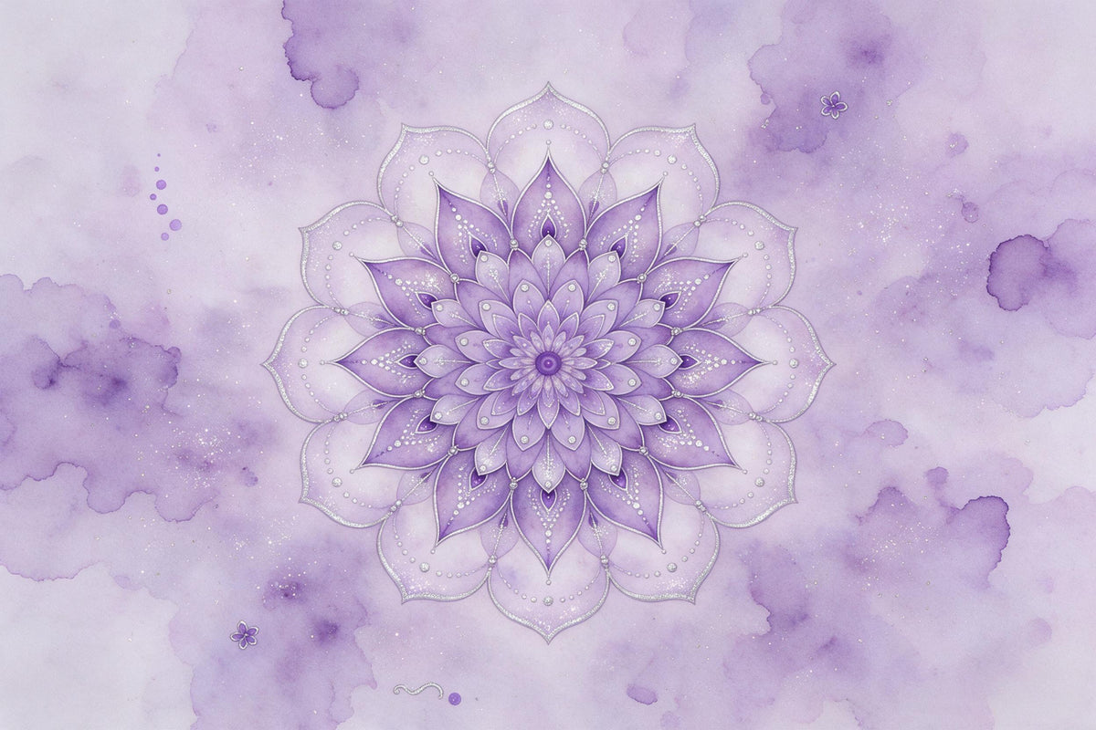 Mandala aus fliederfarbenen Blütenblättern mit silbernen Punkten, als Wandtuch, auf Stoff gedruckt – Violett und Silber