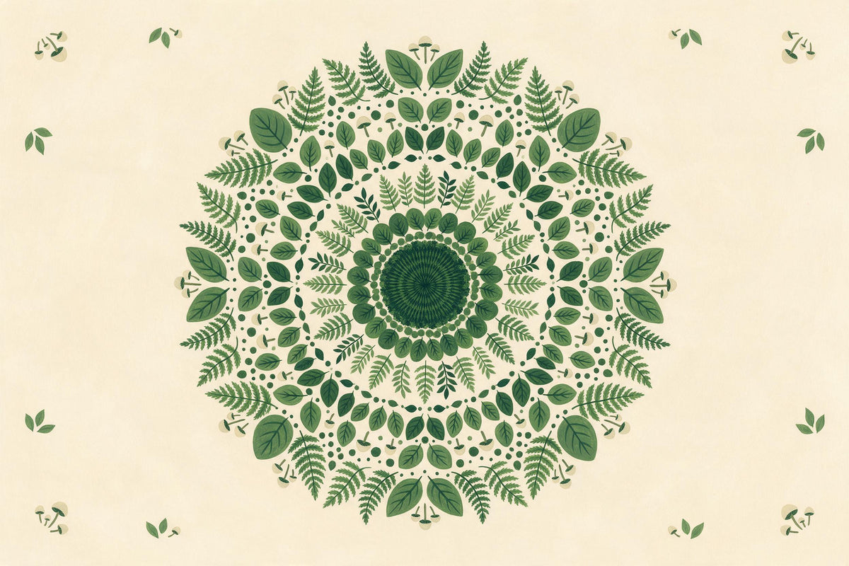 Mandala de fougères, feuilles et petits champignons sur fond crème, tenture murale imprimée sur tissu – vert et beige