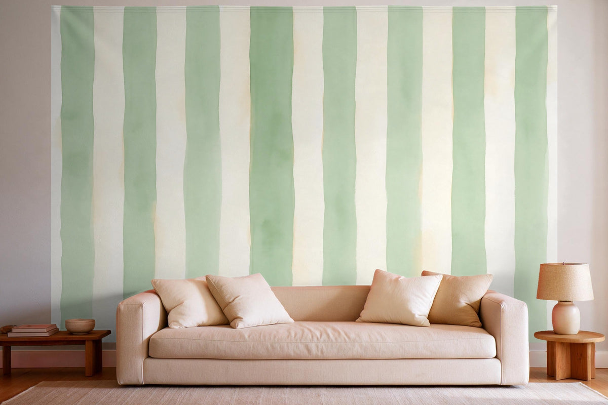 Wall decor in a bright living room above the sofa: printed fabric tapestry Awning Stripes in Sage and Cream