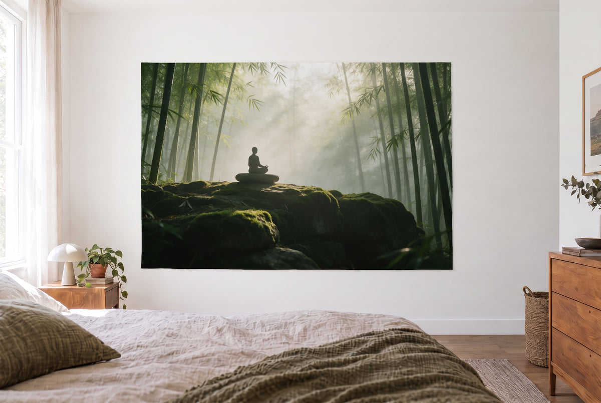 Wandtuch Meditation im Bambuswald im hellen Schlafzimmer gegenüber dem Bett, rechts eine Holzkommode – Grün und Gold