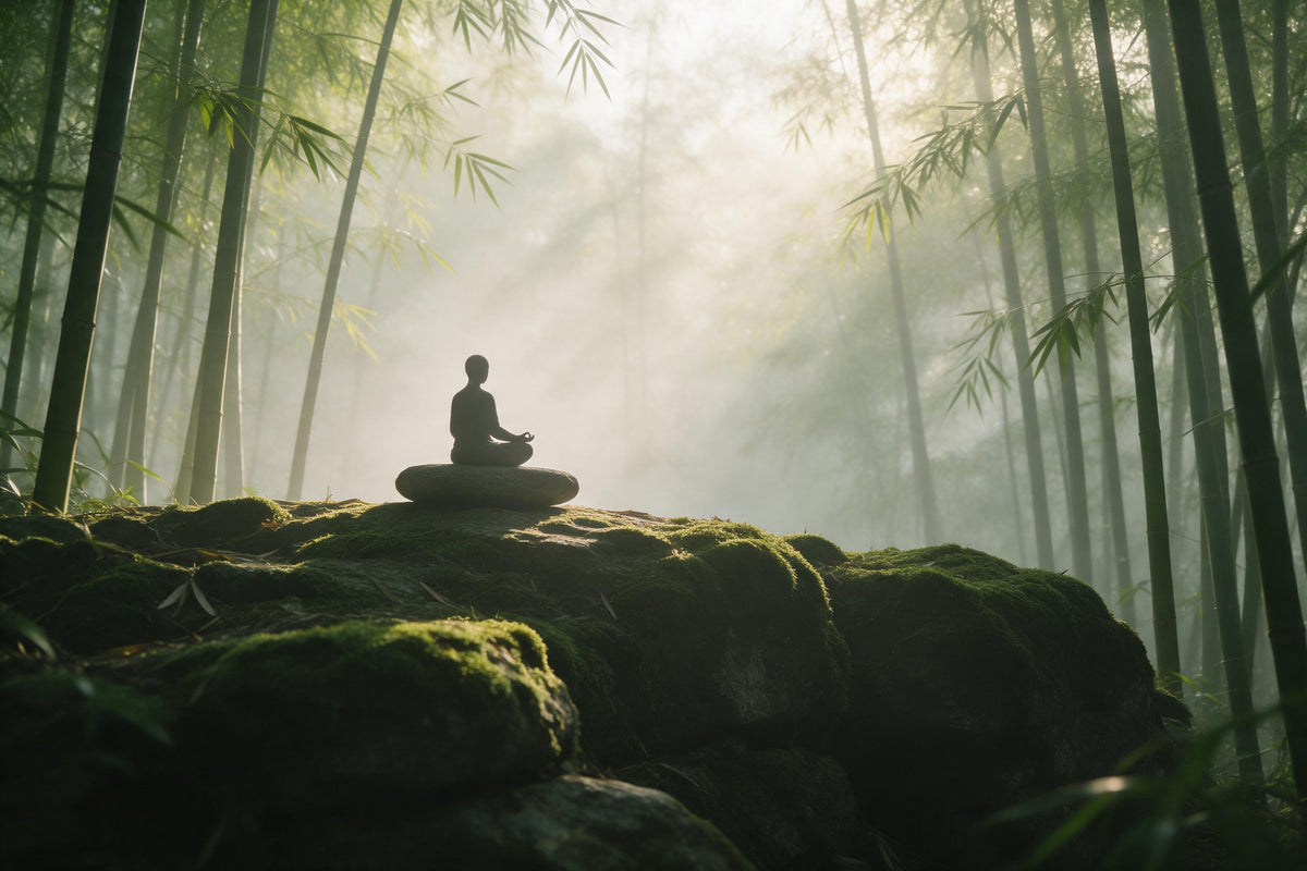 Meditation im Bambuswald auf moosigem Felsen im Nebel und goldenen Licht, als Wandtuch, auf Stoff gedruckt – Grün und Gold