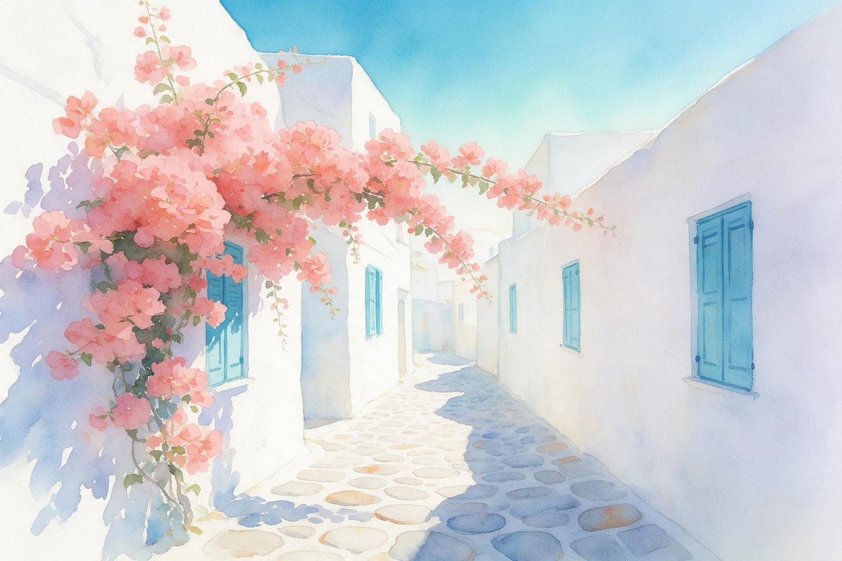 Mediterrane Gasse mit rosa Bougainvillea links und weissen Häusern, als Wandtuch, auf Stoff gedruckt – Rosa und Blau