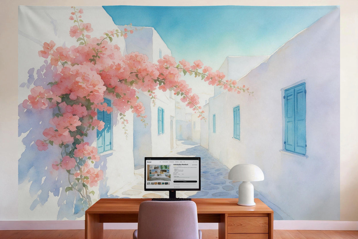 Decoración de pared en la oficina detrás del escritorio: tapiz de tela Callejón mediterráneo con buganvilla
