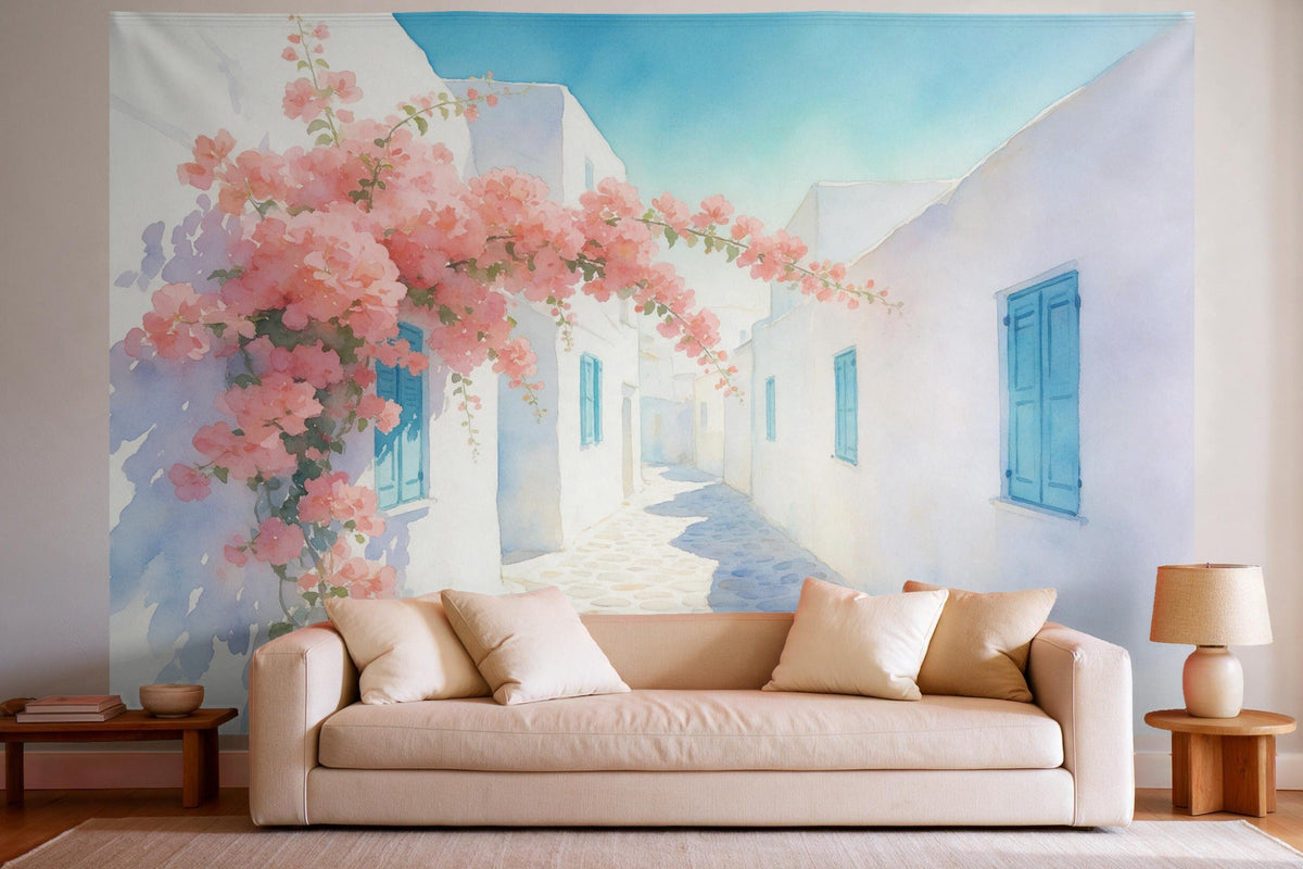 Tapiz de pared XXL Callejón mediterráneo con buganvilla como decoración en un salón luminoso sobre el sofá