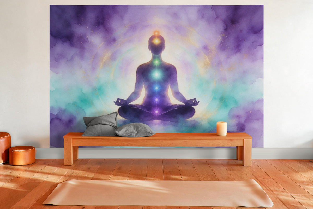 Tenture murale XXL Silhouette en méditation avec points de chakras en déco murale dans une salle de yoga