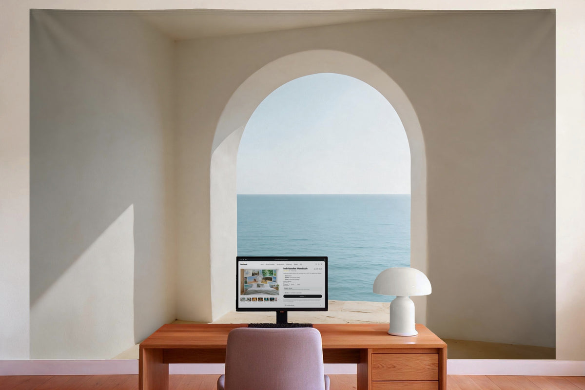 Decoración de pared en la oficina detrás del escritorio: tapiz de tela Vista al mar por el arco abierto