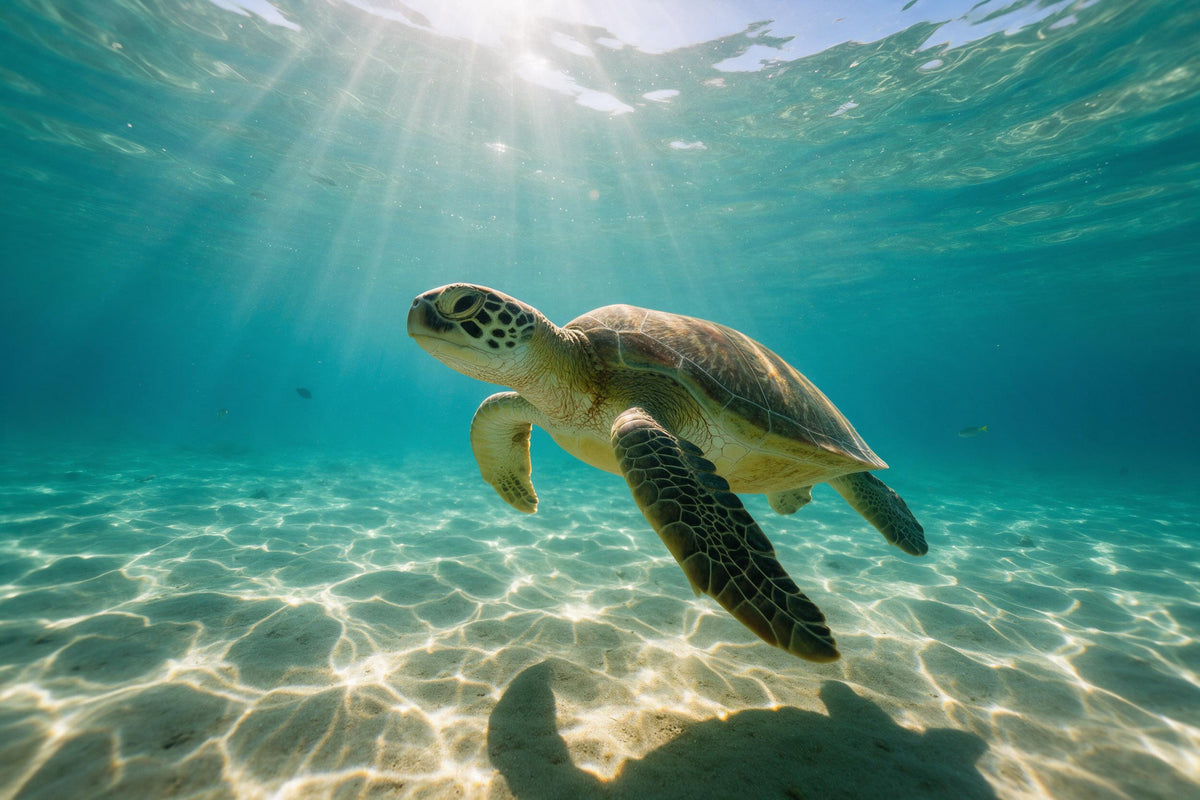 Tortue marine glissant sous des rayons de soleil sur un sable clair, turquoise limpide, tenture murale imprimée sur tissu