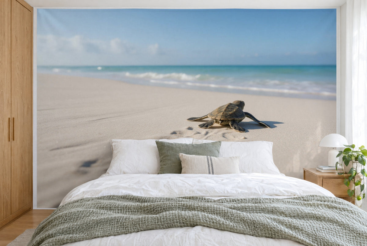 XXL printed fabric: sea turtle right of centre, sand and tracks in front, filling the wall behind the bed