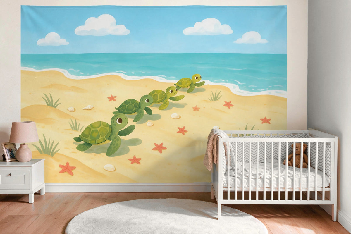 Tapiz de pared XXL Tortugas en la playa de cuento como decoración en la habitación del bebé sobre la cuna