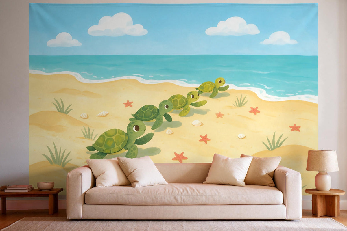 Decoración de pared en un salón luminoso sobre el sofá: tapiz de tela Tortugas en la playa de cuento