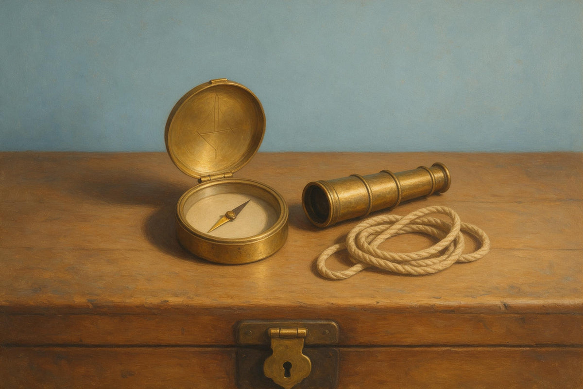 Compass with telescope and rope on a wooden chest in gold and sea blue, tapestry printed on fabric – gold and brown