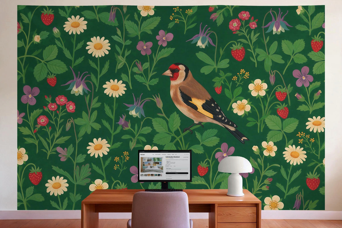 Wall decor in a home office behind the desk: printed fabric tapestry Medieval Strewn Flowers with Distelfink