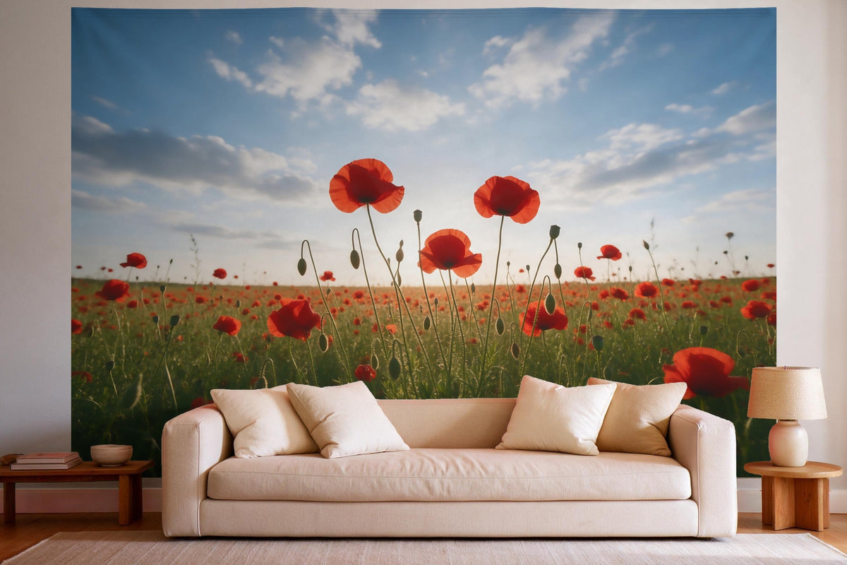 Tapiz de pared XXL Campo de amapolas bajo cielo de verano como decoración en un salón luminoso sobre el sofá