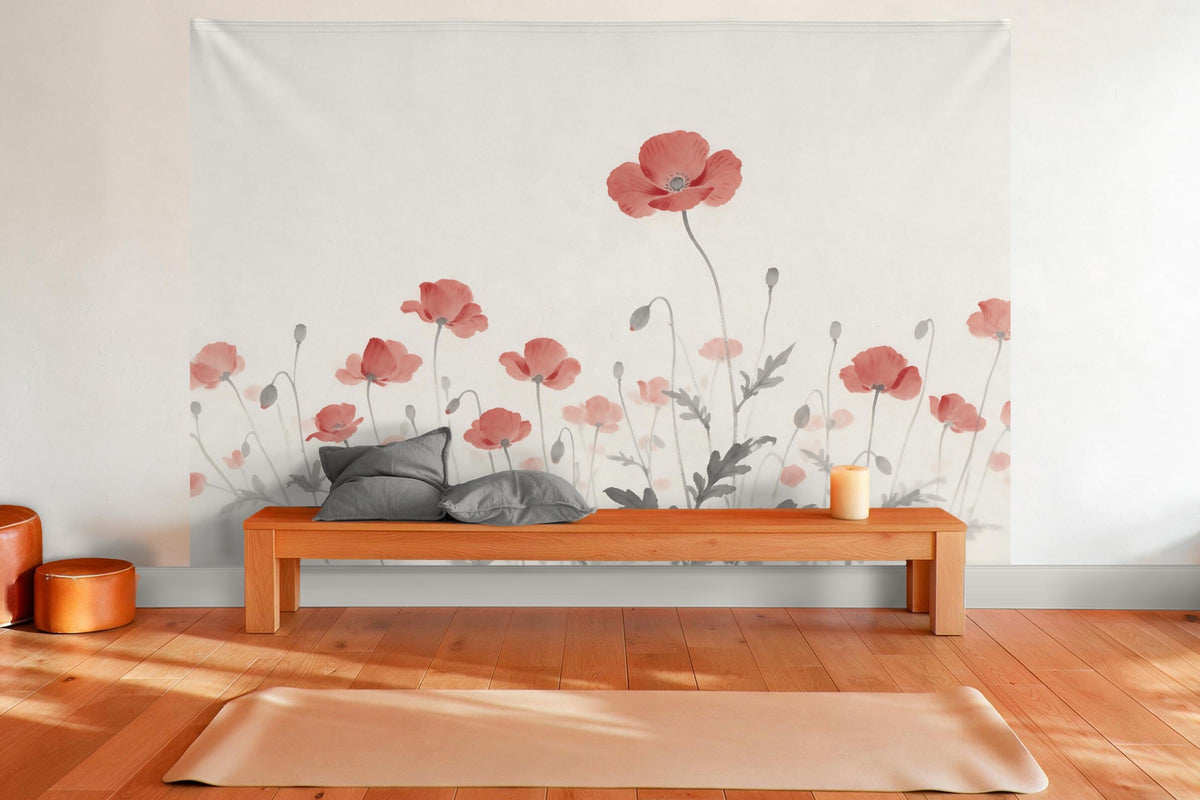 XXL wall tapestry Poppy Field in Ink as wall decor in a yoga room