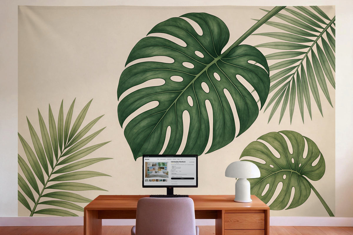 Wanddeko im Büro hinter dem Schreibtisch: Wandtuch Monstera als botanische Illustration, auf Stoff gedruckt