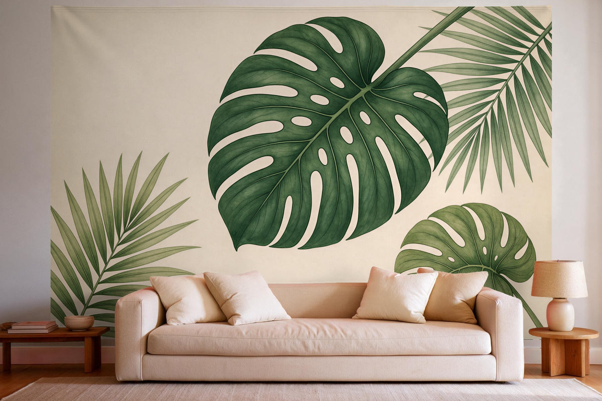Wandtuch XXL Monstera als botanische Illustration als Wanddeko im hellen Wohnzimmer über dem Sofa