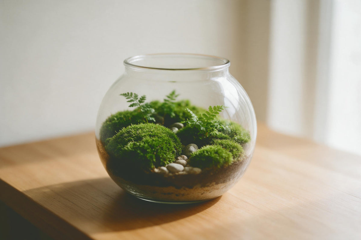 Moss terrarium with ferns and light pebbles in a round-bellied glass on a wooden table, tapestry printed on fabric – green