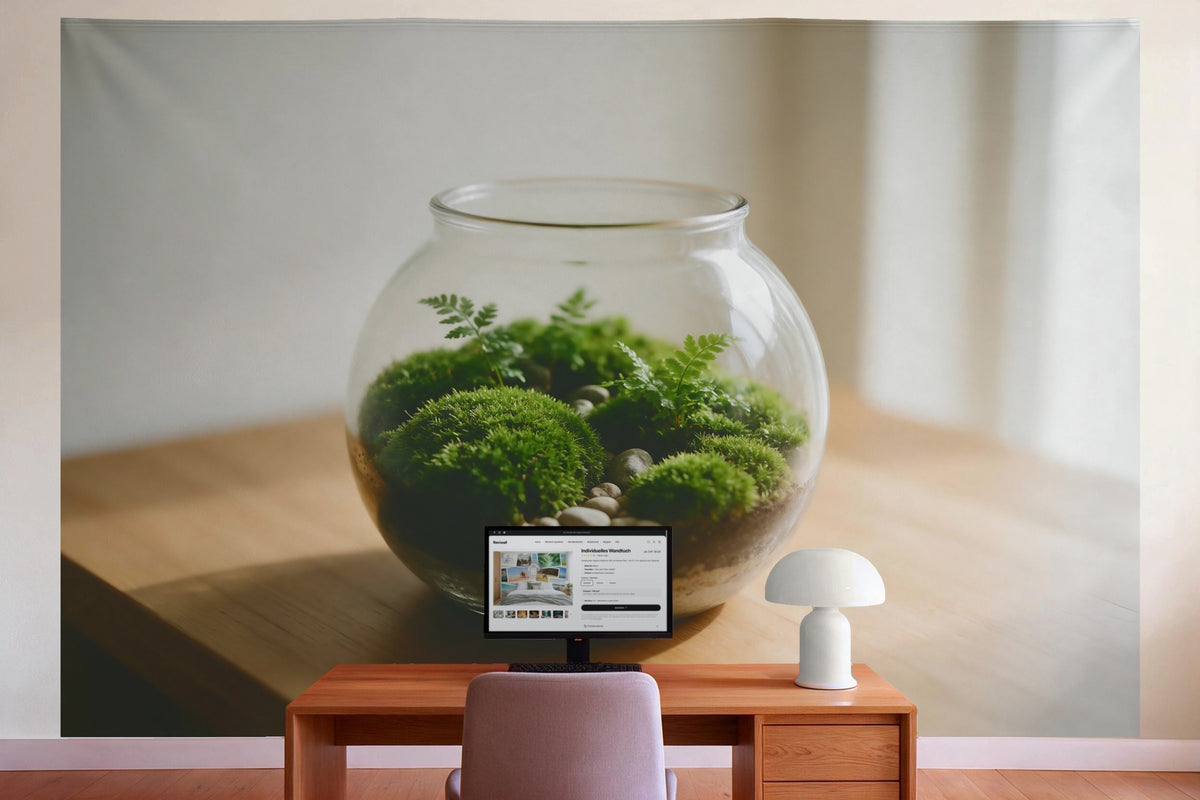 Wall decor in a home office behind the desk: printed fabric tapestry Moss Terrarium in Glass