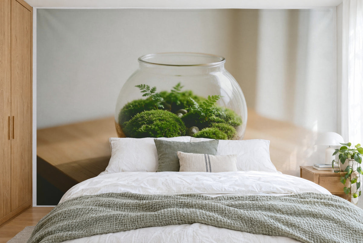 XXL printed fabric: moss terrarium with ferns on a wooden table in front of a light wall, filling the wall behind the bed