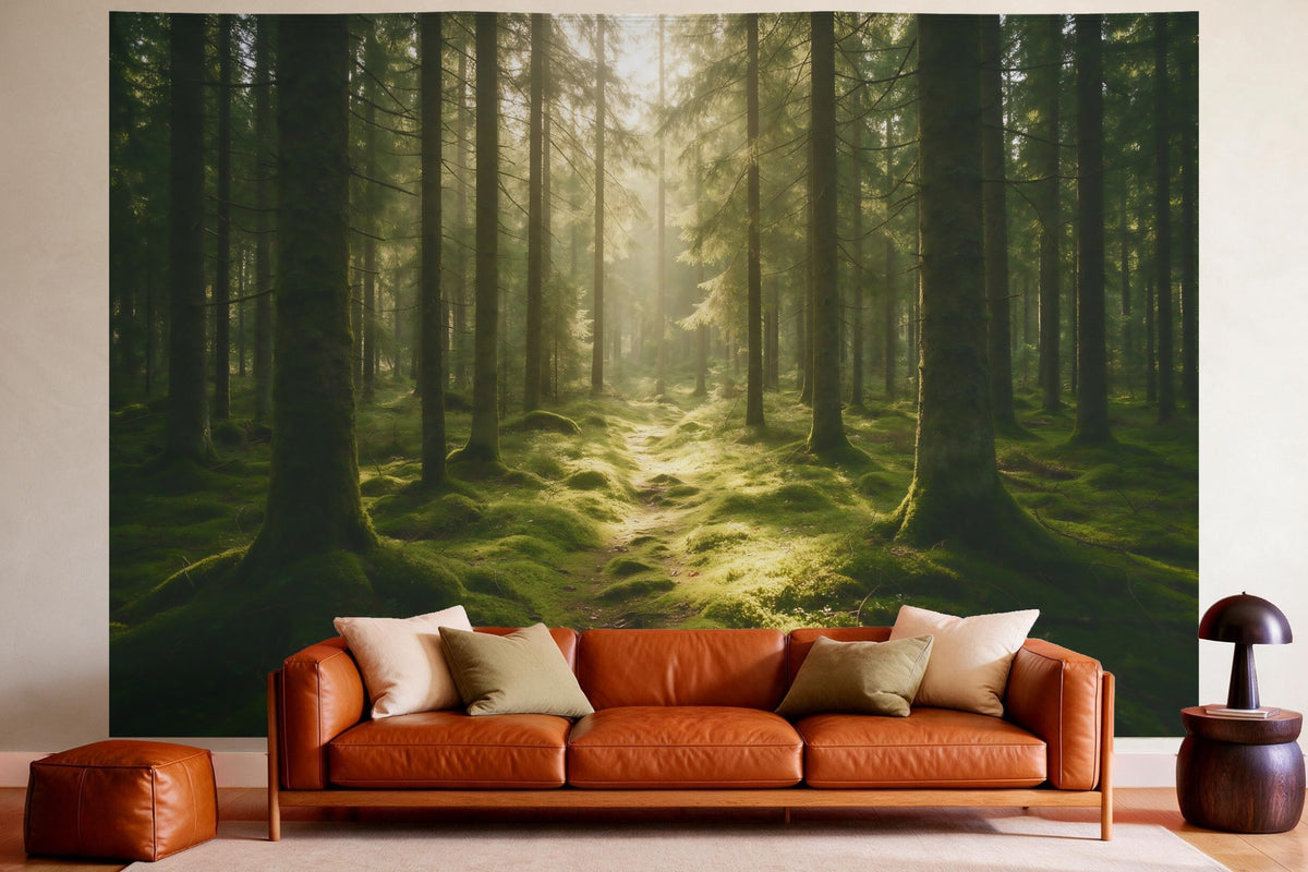 Wandtuch XXL Moosiger Fichtenwald mit Lichtflecken als Wanddeko im gemütlichen Wohnzimmer über dem Ledersofa