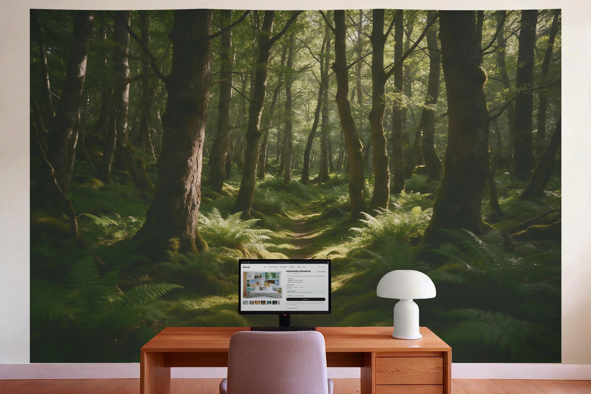 Wall decor in a home office behind the desk: printed fabric tapestry Moss Forest with Ferns and Light Spots