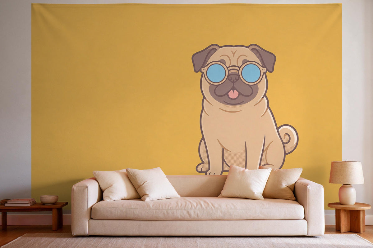 Wandtuch XXL Mops mit Sonnenbrille als Wanddeko im hellen Wohnzimmer über dem Sofa