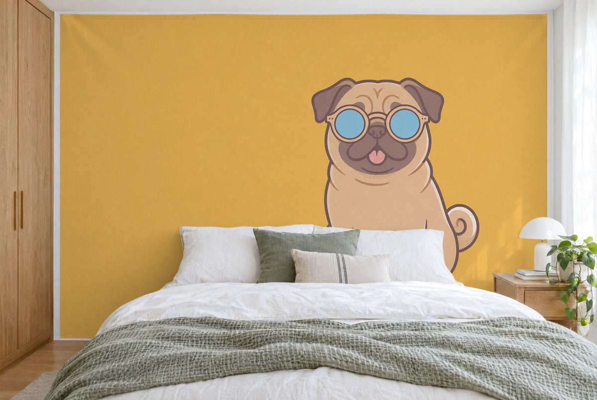 XXL printed fabric: seated pug with blue sunglasses on the right on mustard yellow, filling the wall behind the bed