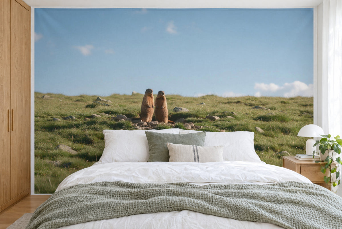 XXL printed fabric: two marmots left of centre, alpine meadow and sky all around, filling the wall behind the bed