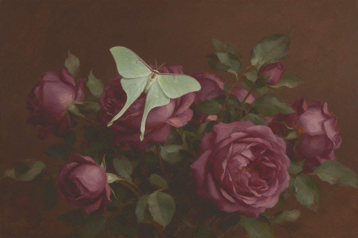 Moth with long tail-like wings on plum-colored roses, as a tapestry printed on fabric – green and plum