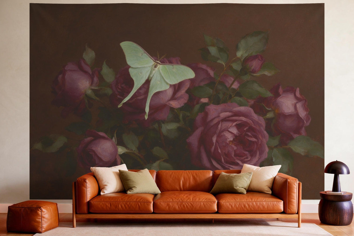 XXL wall tapestry Moth on Dark Roses as wall decor in a cosy living room above the leather sofa