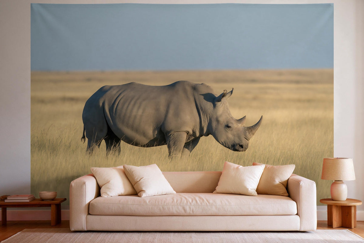 Wandtuch XXL Nashorn in der Steppe als Wanddeko im hellen Wohnzimmer über dem Sofa