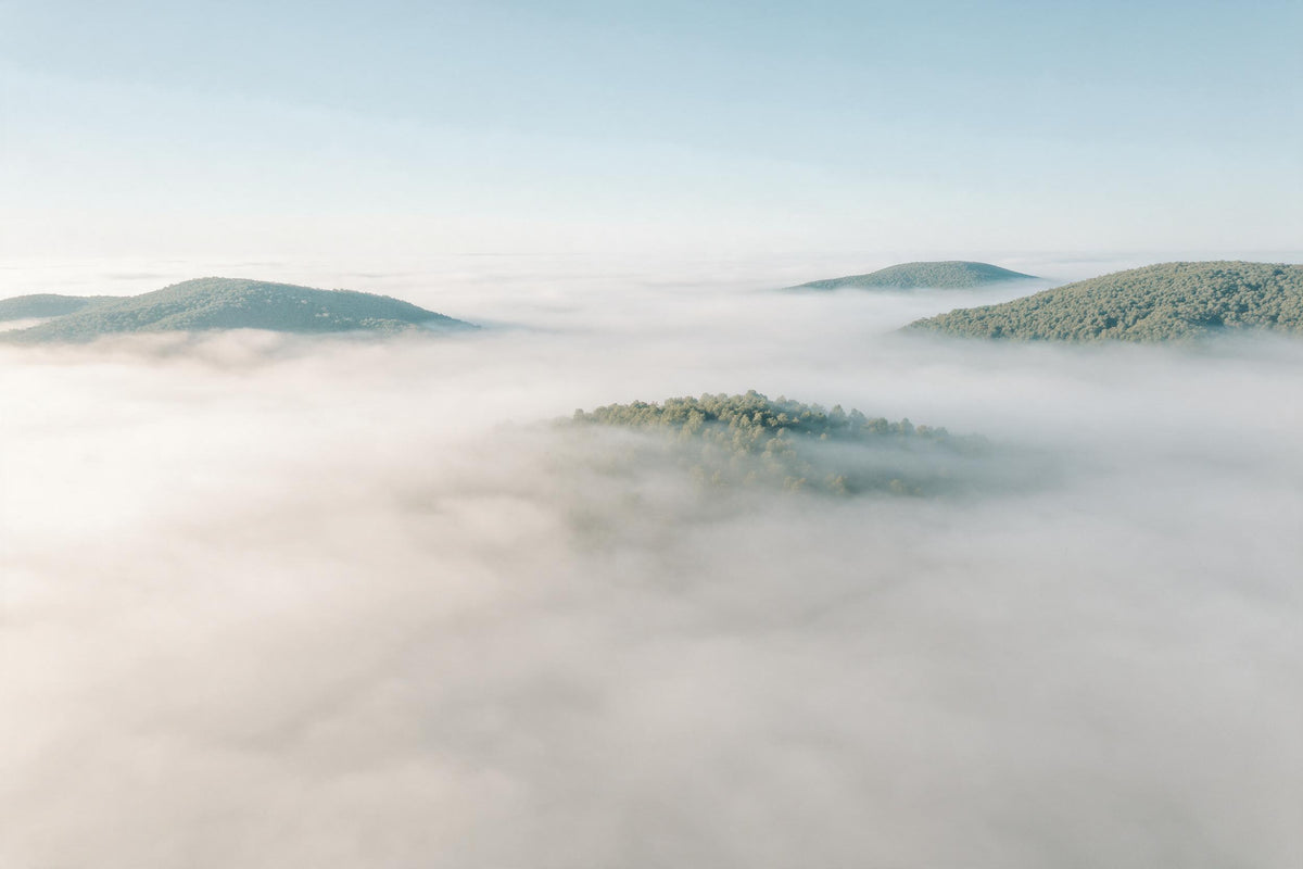 Mer de brouillard et îles de collines vert sauge, tenture murale imprimée sur tissu – blanc et bleu