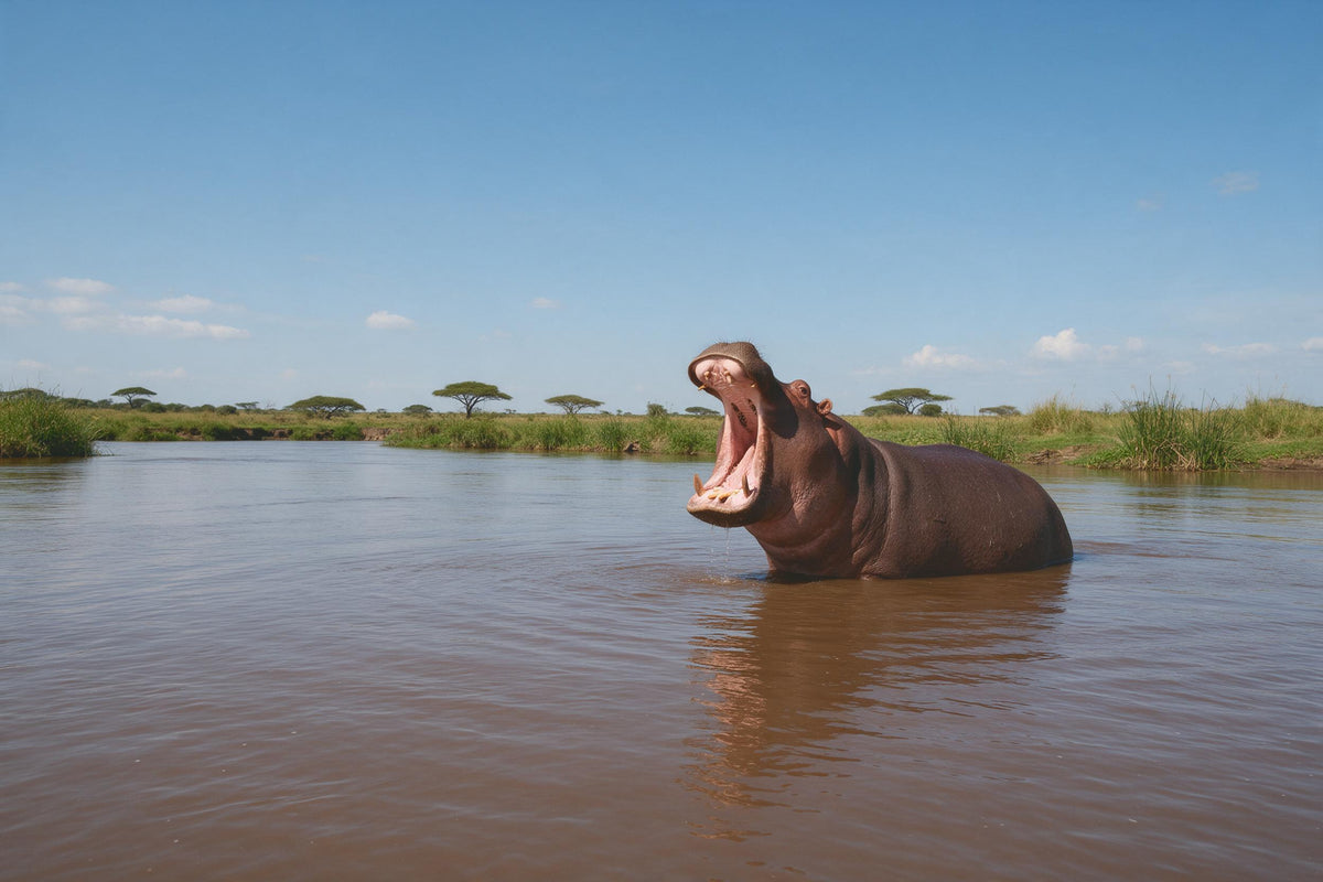 Hippo with open mouth in the brown river with acacias, tapestry printed on fabric – brown and blue