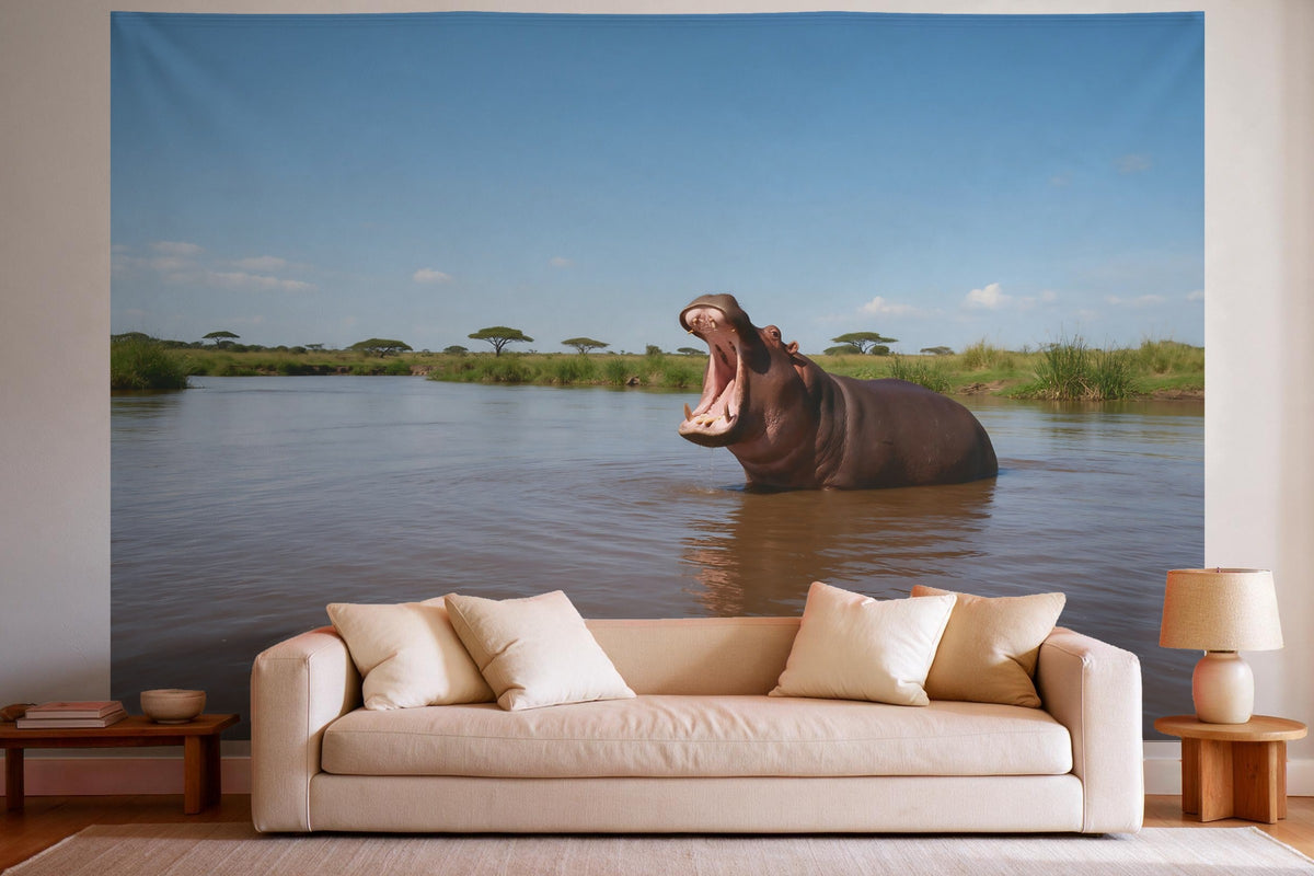 Wandtuch XXL Nilpferd mit offenem Maul im Fluss als Wanddeko im hellen Wohnzimmer über dem Sofa
